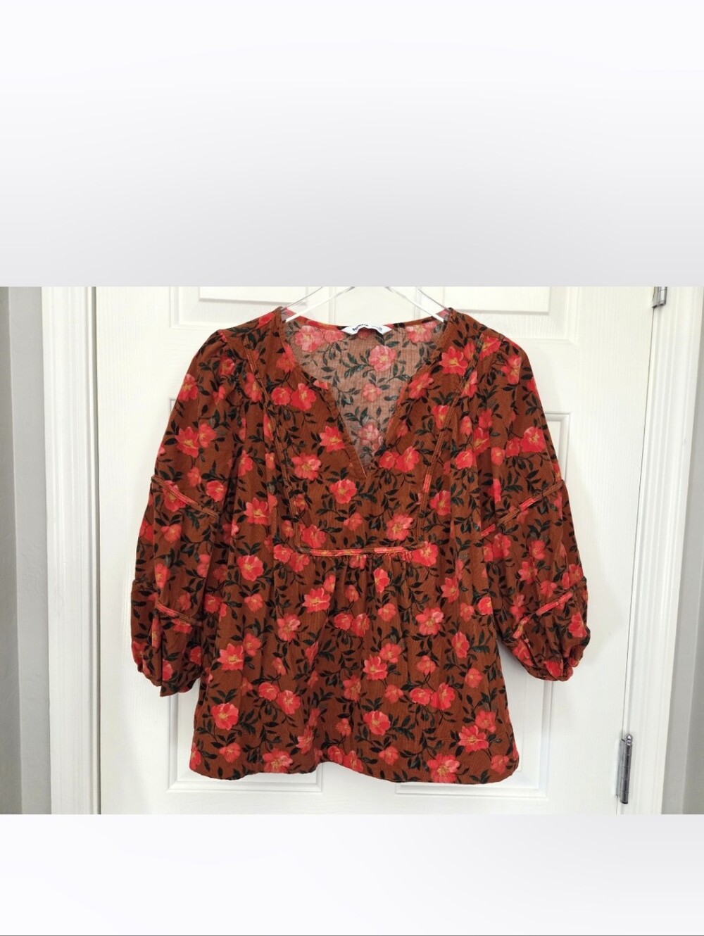 Sonoma Floral Corduroy Blouse Womens 0X Orange Boho 3/4 Sleeve Top
